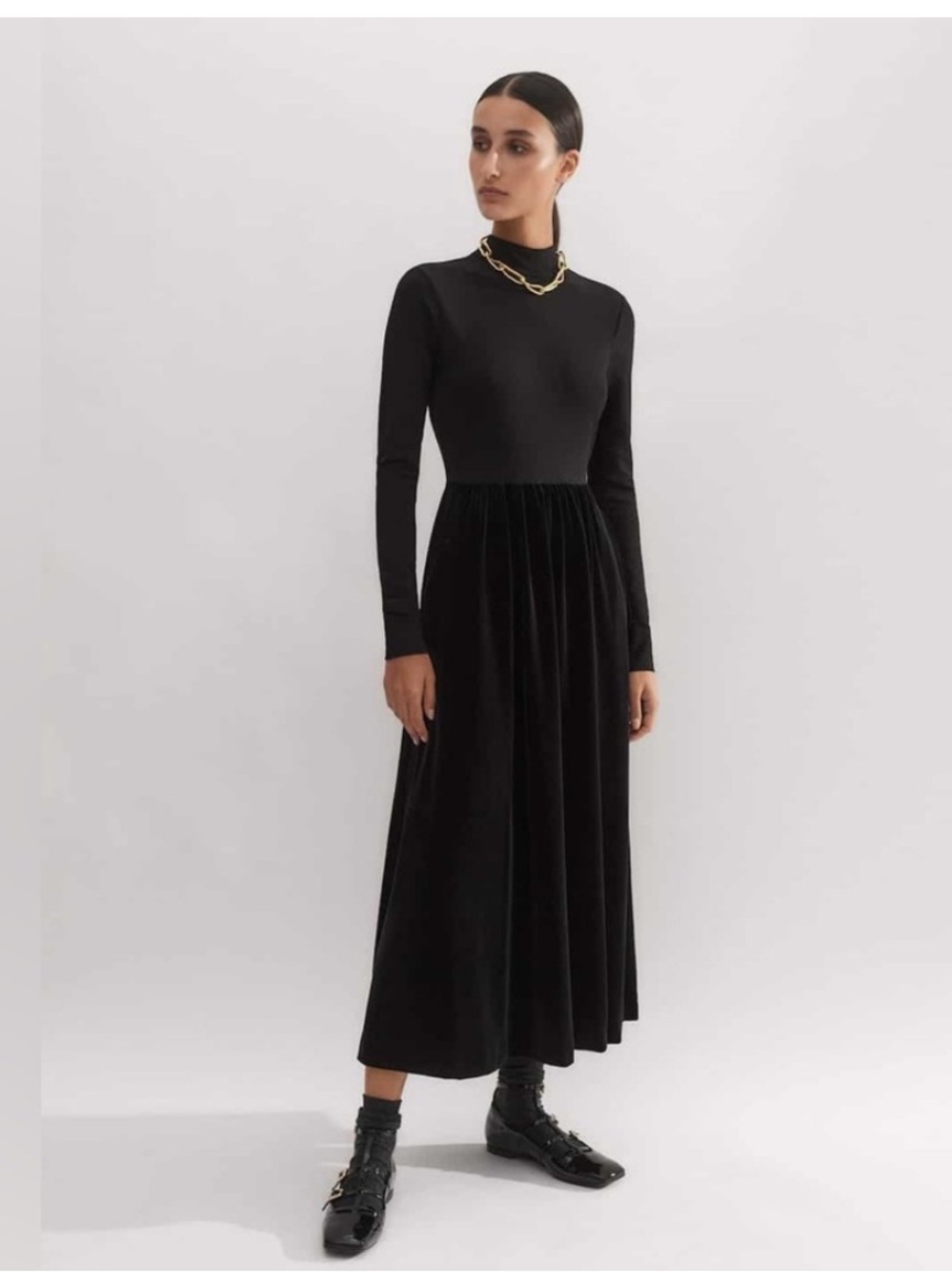 ME+EM Mixed Media Long Sleeve Maxi Dress Black Velvet | Size 10